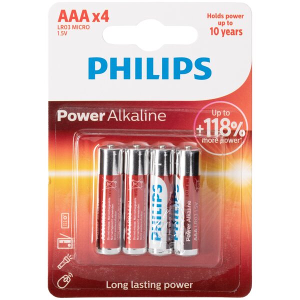 Philips LR03 AAA Alkaline Batterier 4 stk    - Sølv
