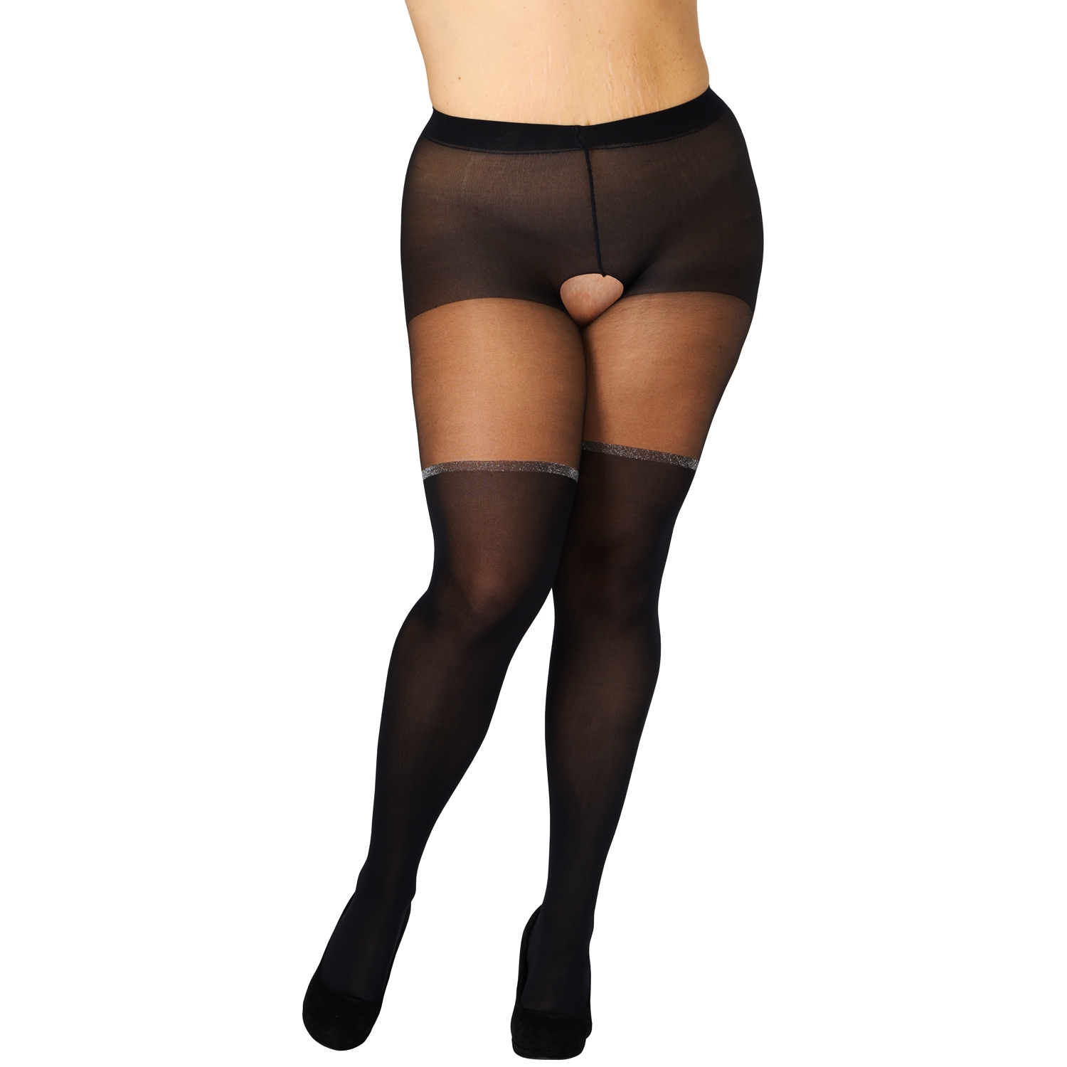 NORTIE Silverfall Bundløse Strømpebukser med Lurexbånd Plus Size - Sort - Plus size