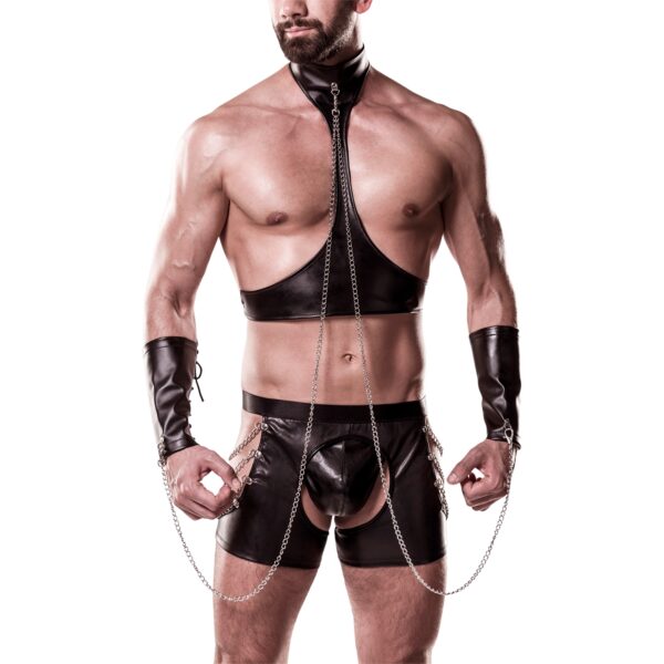 Grey Velvet Men Halterneck Wetlook Bondage Sæt     - Sort - L/XL