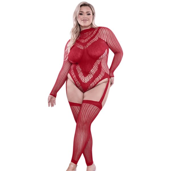 Sheer Fantasy Infatuation Gartered Langærmet Teddy Bodystocking     - Rød - One Size