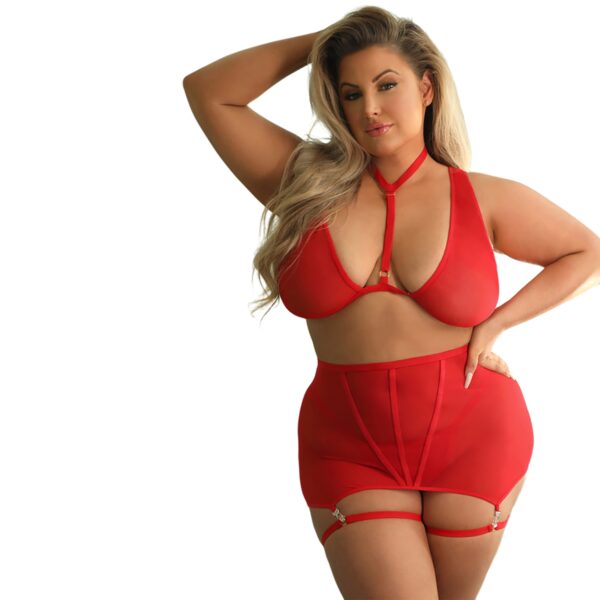 Fantasy Lingerie Tease VAUGHN, Bralette, Nederdel med Strømpestropper&G-streng Plus Size   - Rød - 3XL/4XL